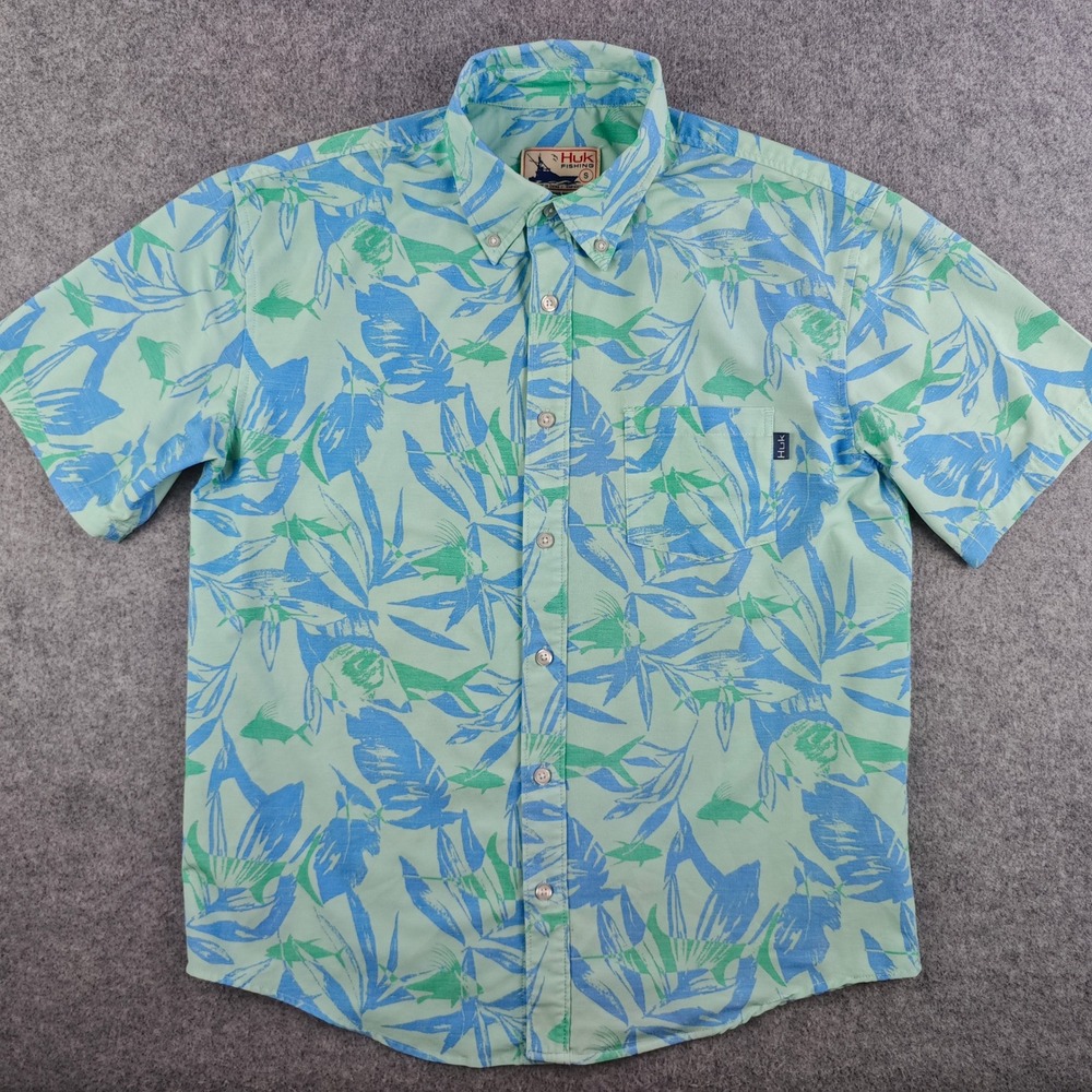 Huk Fishing Button Down Shirt Mens Small Green Blue Tropical Fish Short Sleeve